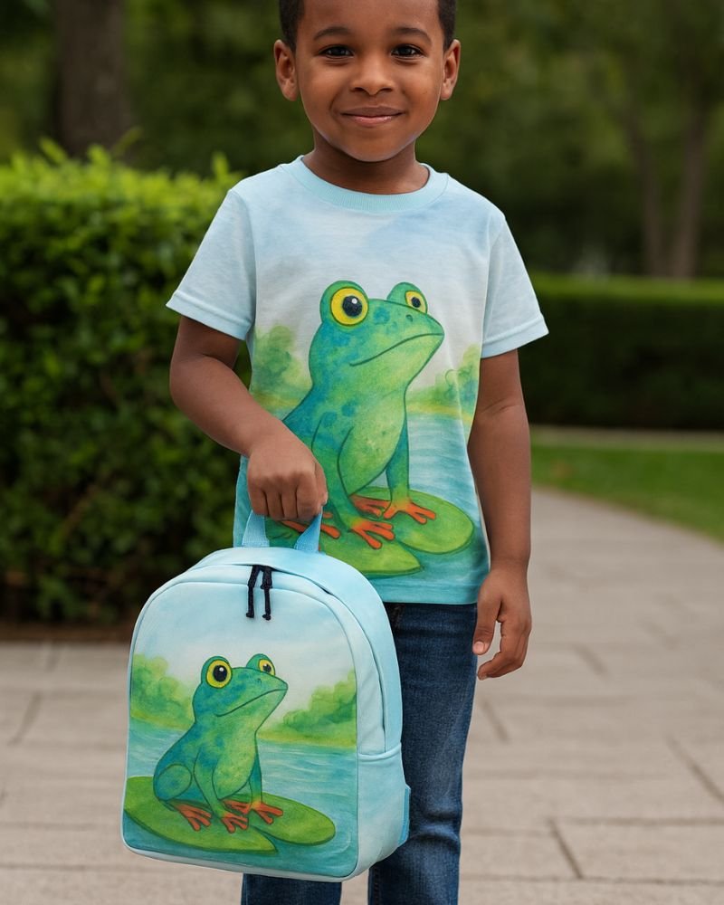 Ferdi the Frog, main character in the Ferdi and Friends book series, graces the front of both a child's tee and backpack