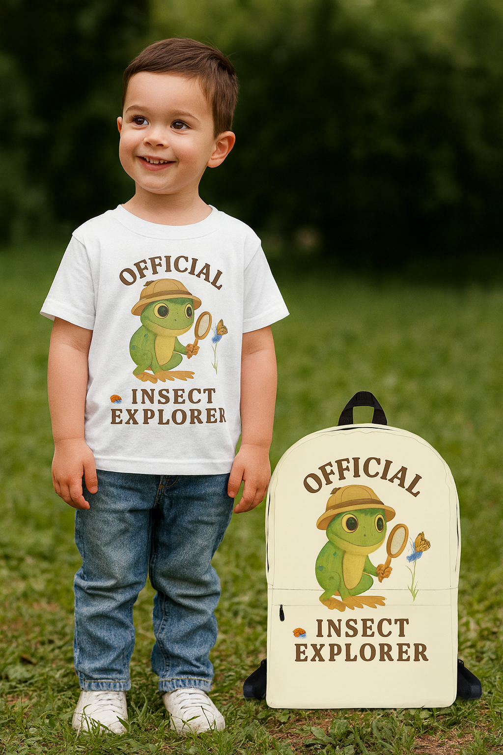 A five year old boy on his first day of school wears the Official Insect Explorer Tee and carries the matching backpack