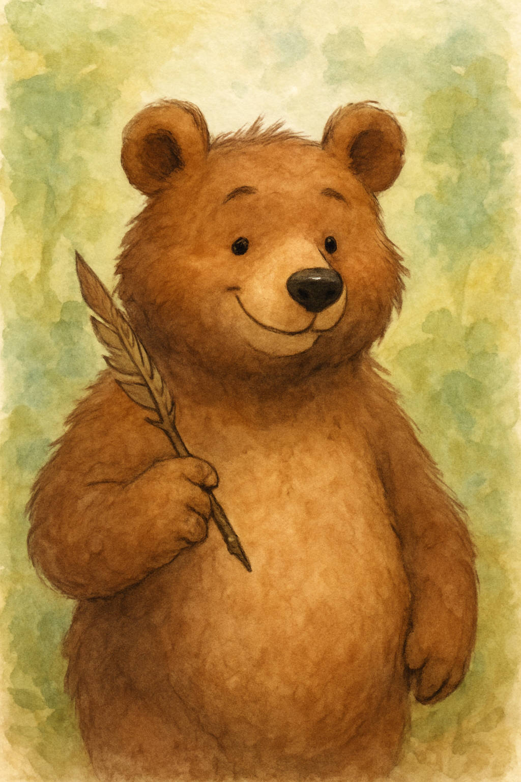Bramble Bear holding a wooden quill pen