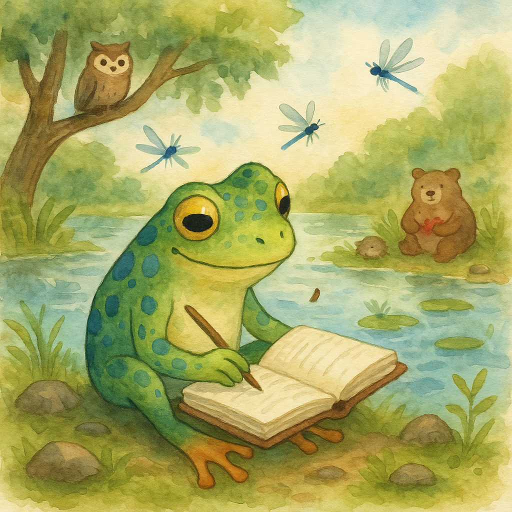 Ferdi the frog sits by the stream writing a note in his journal with an owl and bear watching from behind.