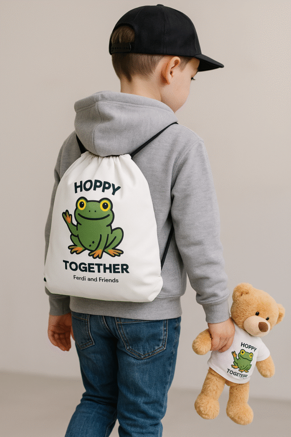 Child wearing a drawstring bag on his back with Ferdi the Frog saying Hoppy Together on the bag