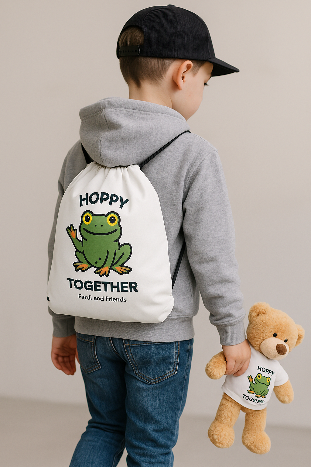 Child wearing a drawstring bag on his back with Ferdi the Frog saying Hoppy Together on the bag