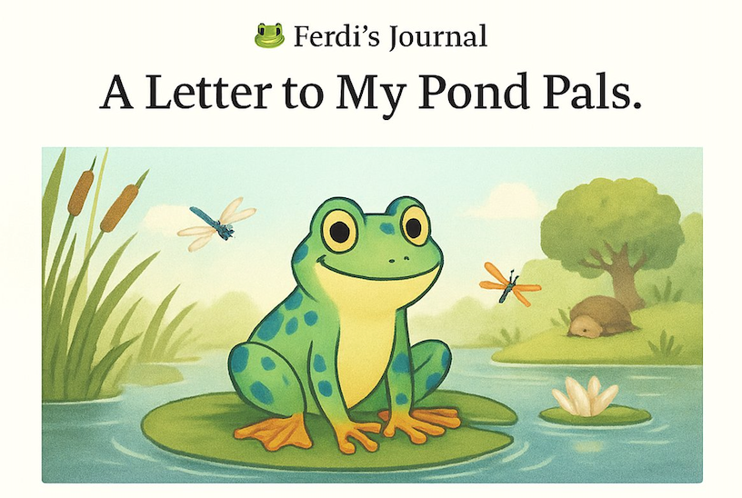A green frog with blue spots sits on a lily pad