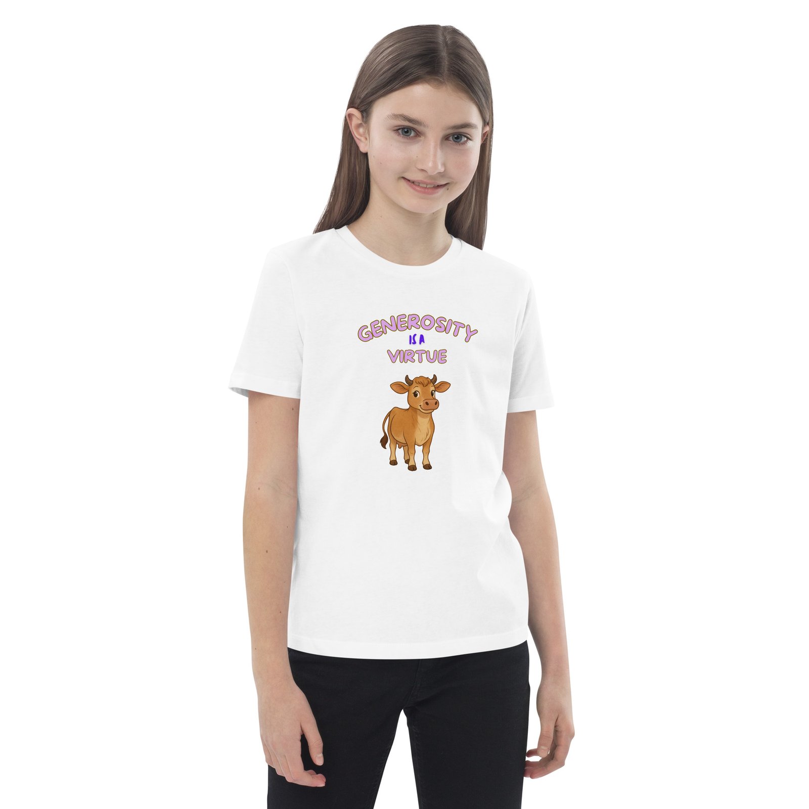 Millie the milk cow on the front of a white kids tee saying generosity is a virtue