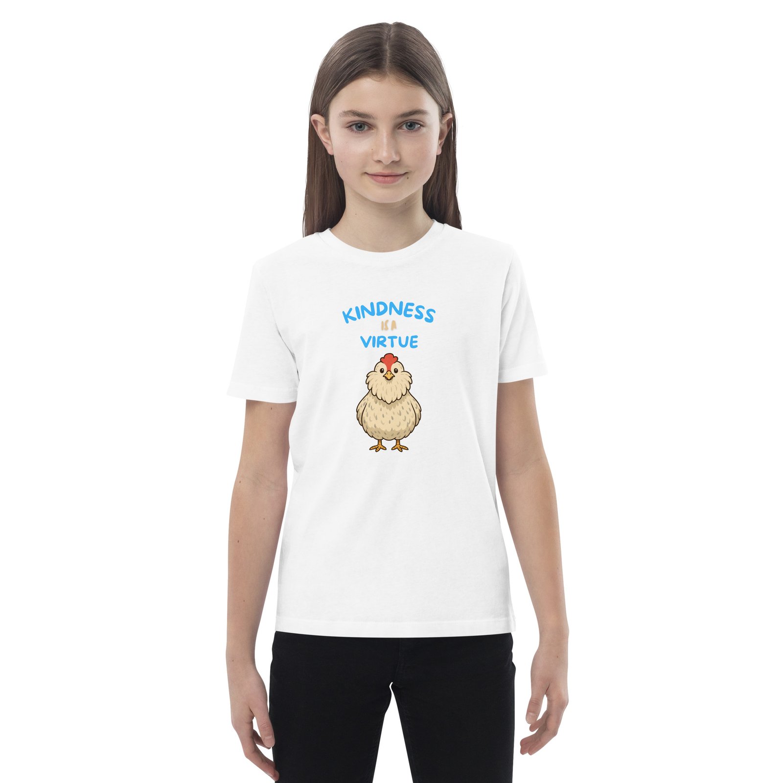 Sunni Day on the front of a white child's cotton tee saying kindness is a virtue