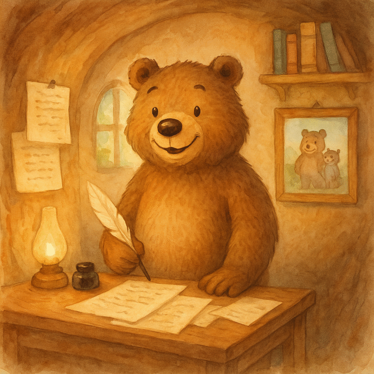 Illustrated image of Bramble Bear holding a quill while standing behind his desk